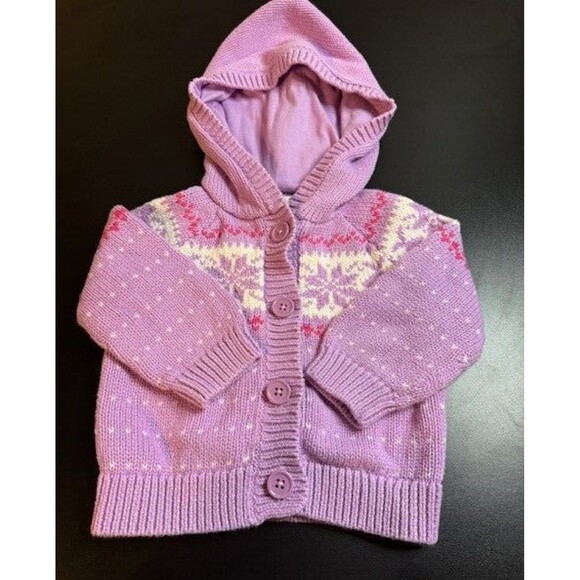 Oshkosh Size 9 month Infant Baby  Purple Button Up Knit Snowflake Sweater W/Hood - Picture 2 of 6
